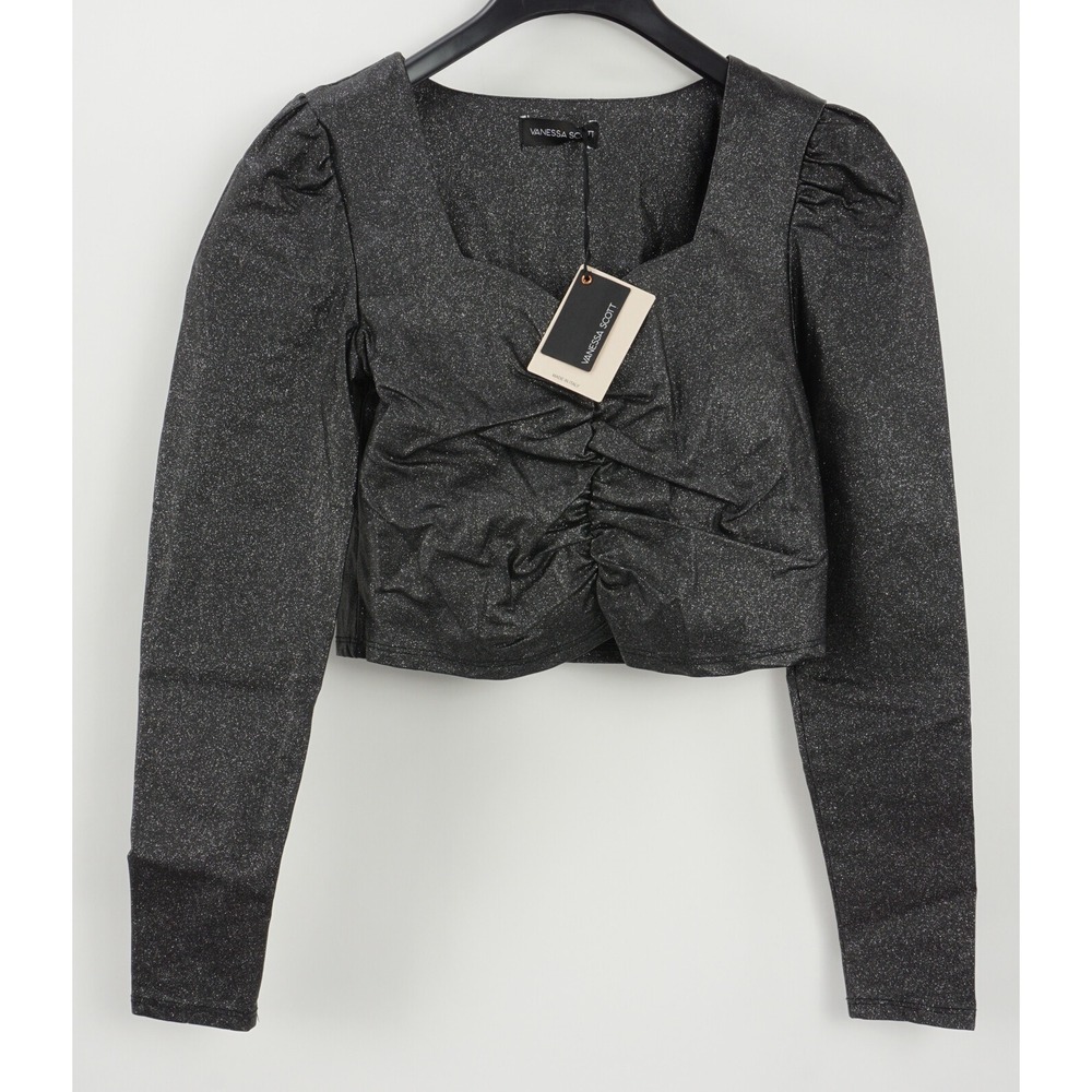 New Vanessa Scott Women's Sz M Gray Glitter Speckle Gathered Sweetheart Crop Top